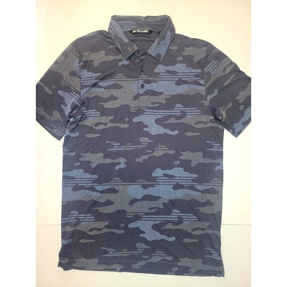 Travis Mathew Polo Shirt Mens Medium Blue Gray Camo Palm Tree Golf Performance - Picture 8 of 9